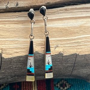 Vintage Native American Sterling Silver Turquoise Mosaic Earrings
